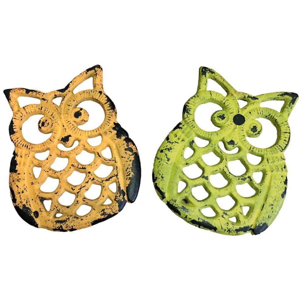 Pair of Vintage Distressed Cast Iron Owl Trivets One Yellow / One Green